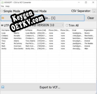 Key генератор для  CSV to VCF Converter